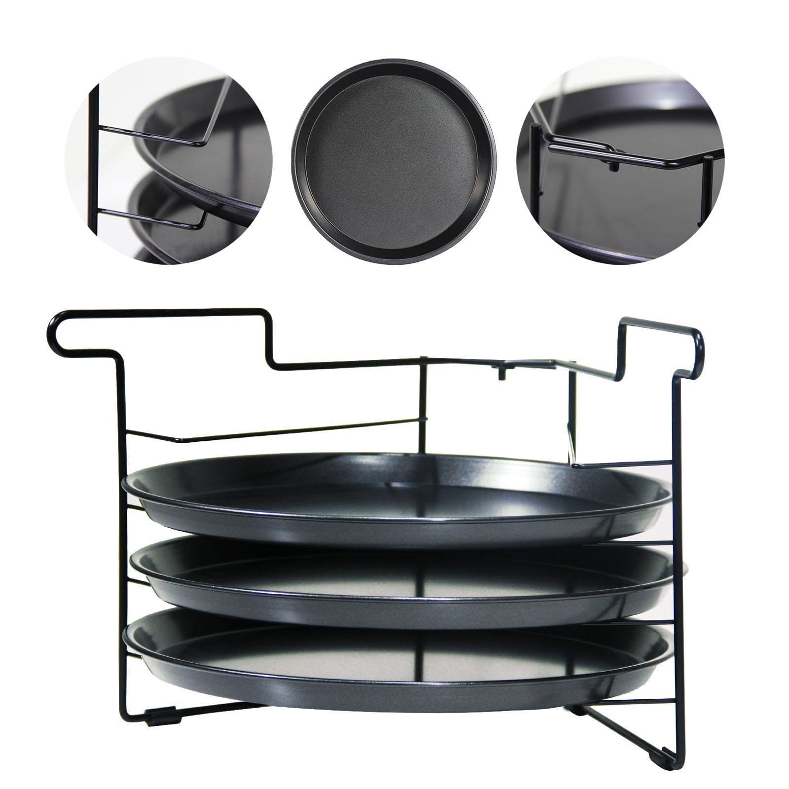 Pizza Rack Présentoir Multifonction pour Pizza avec Plateau de Cuisson Empilable Grille Perforée Stable en Fer Support pour Pains Tartes et Gâteaux Ad, with 3pcs 11 Po Pan