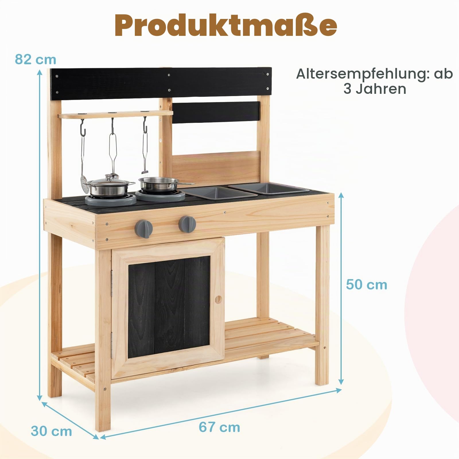 HOMASIS Matschküche Kinder Outdoor, Kinderküche mit 2 Spülen, Herd & Kreidertafel, Spielküche Holz mit Zubehör, Spielzeugküche mit 3 Haken & Regalen, für Kinder ab 3 Jahren