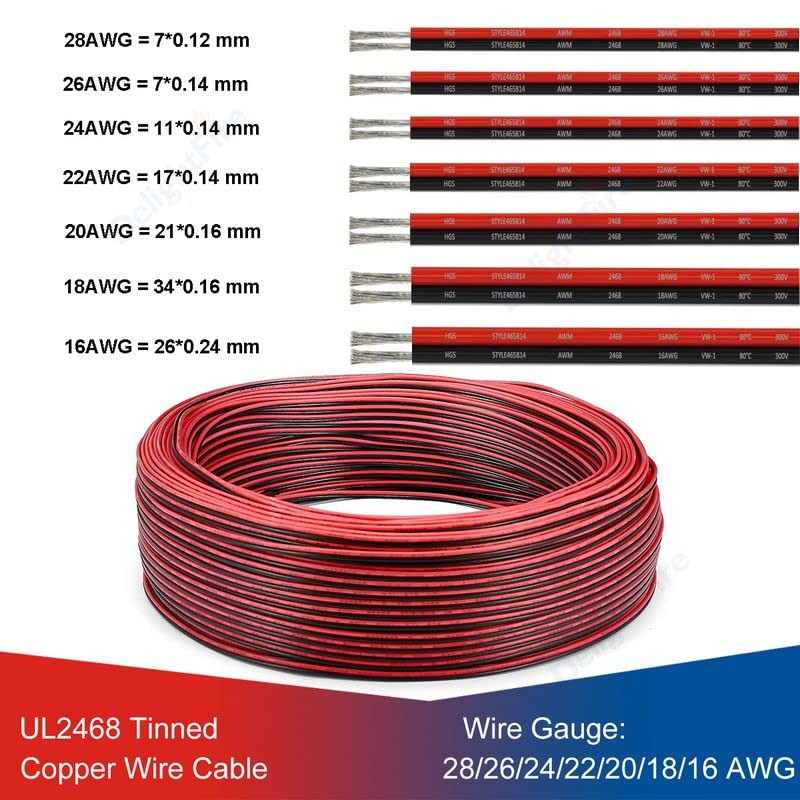 cable eléctrico Cables eléctricos UL2468 de 2 pines, 28/26/24/22/20/18 AWG, Cable de cinta plana rojo y negro, Cable de altavoz para Audio LED de coche, conector JST de 12V ( Color : Gold sliver , Siz