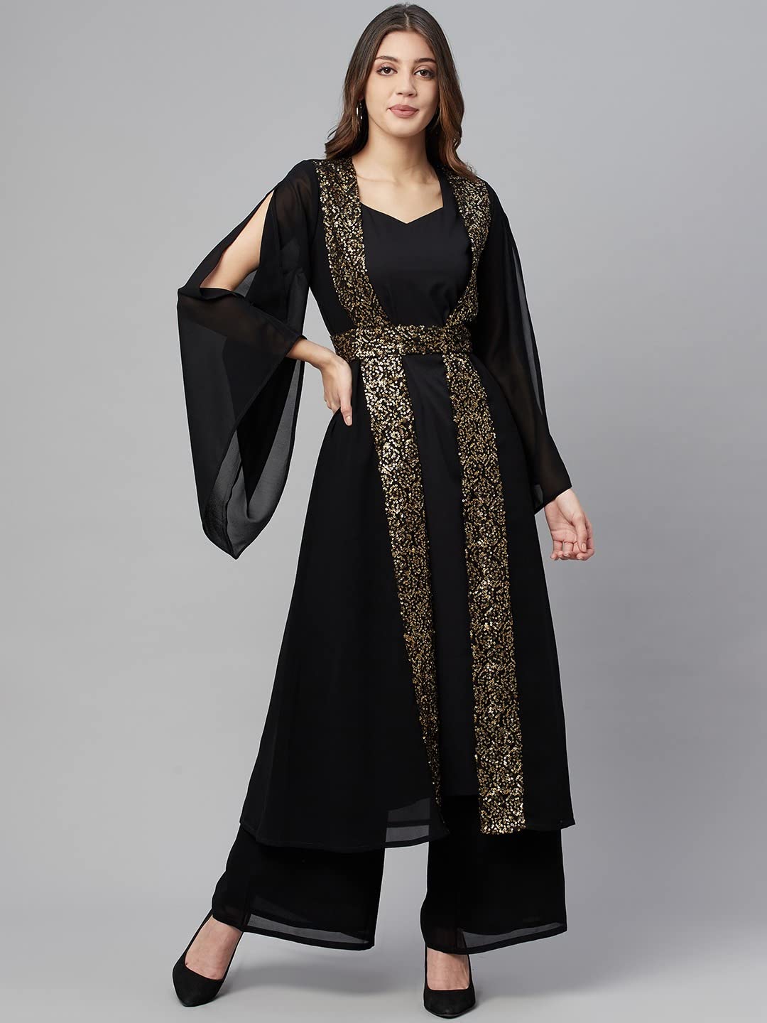 Cottinfab Women Black & Golden Embalished Long Dress with Palazzos Clothing Set, A-Line, Medium 4