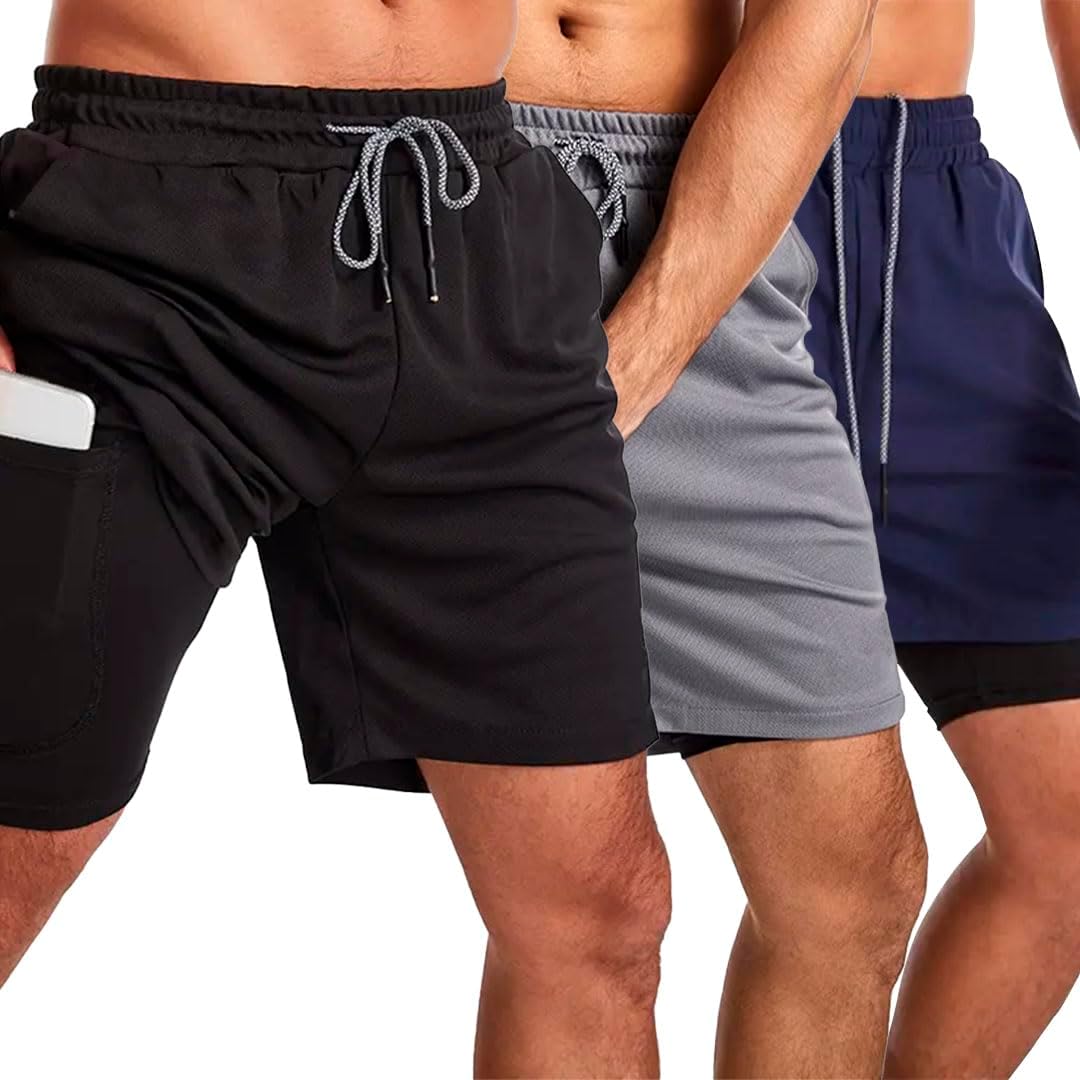 Kit 3 Short Masculino Academia 2 em 1 Bermuda Dry Fit Corrida Treino com Bolso Celular INSIDE SPORTS