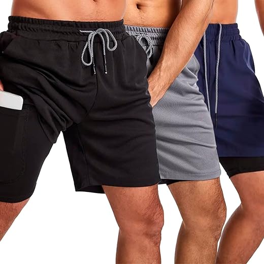 Kit 3 Short Masculino Academia 2 em 1 Bermuda Dry Fit Corrida Treino com Bolso Celular INSIDE SPORTS