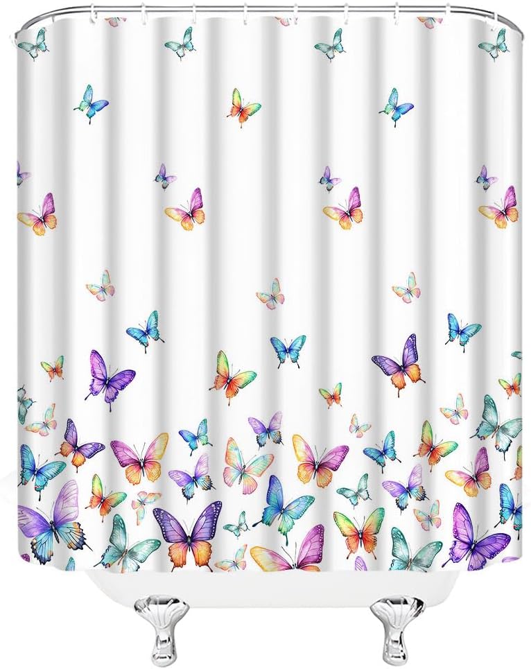 Colorful Butterflies Shower Curtain Rainbow Colors Butterfly Animals Aesthetic Women Girls Spring Garden Print Fabric Bathroom Decor Curtains with Hooks,70 x 80