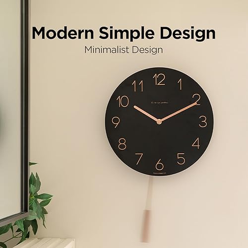 Miniatura 2 de mooas Flatwood - Reloj de pared de madera con péndulo negro, reloj de pared de madera de 12 pulgadas, movimiento de barrido, reloj decorativo a