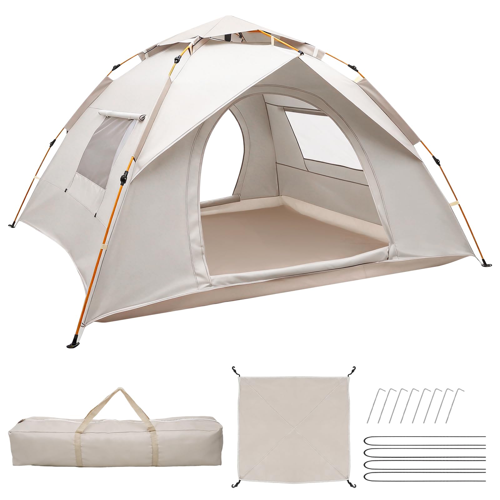 Lishetimig 3-4 Person Instant Pop-up Camping Tent,2000mm Waterproof,Sun Protection,Dual Doors & Breathable Mesh,Lightweight with Rainfly&Carry Bag,Ideal for Family Camping,Festivals&Hiking (Beige)
