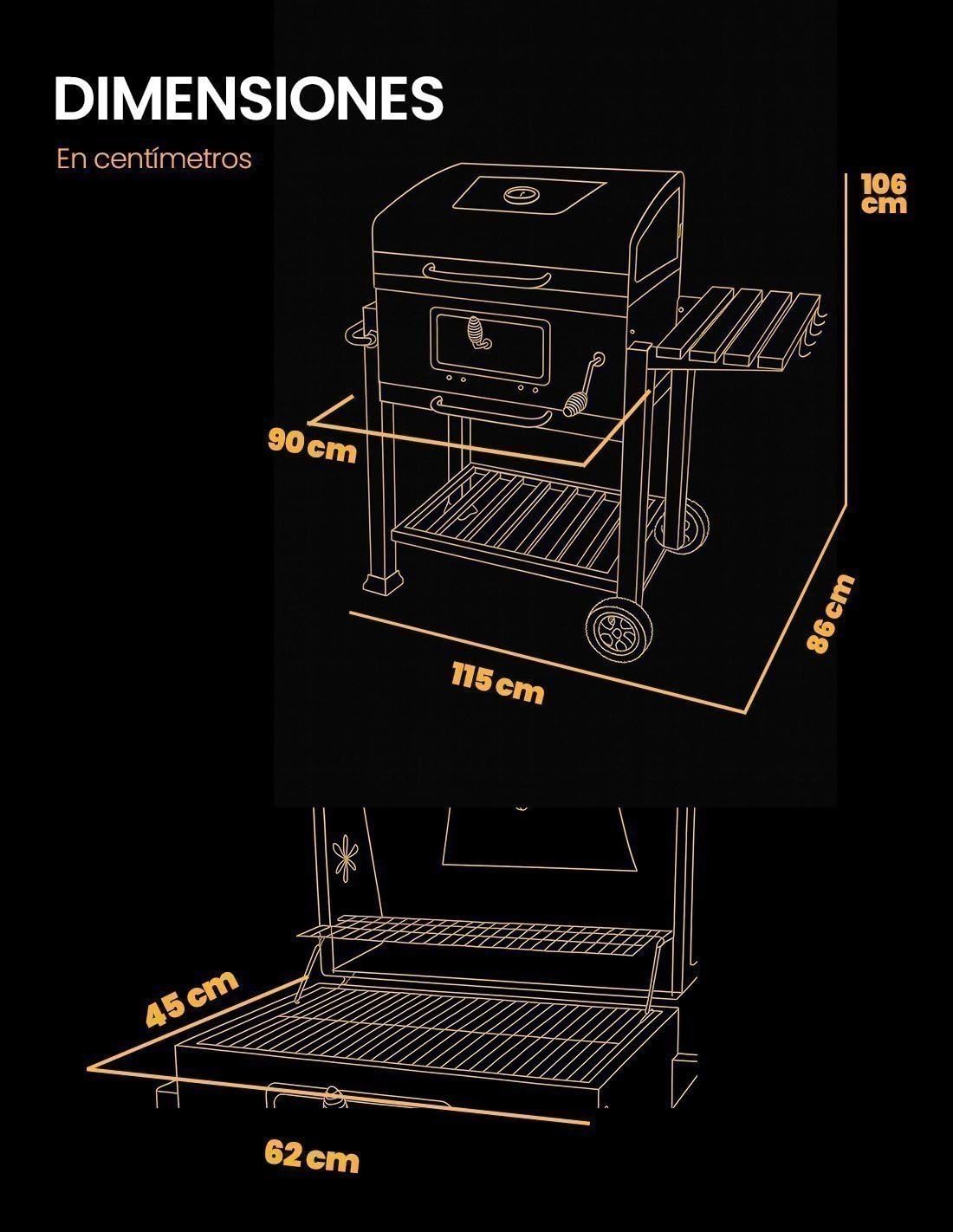 JARDIN202 - Barbacoa de Carbón Alabama Grande con Ruedas, Termómetro y Altura Ajustable | Parrilla Grill de Carbón con Carrito y Tapa | (Negro)
