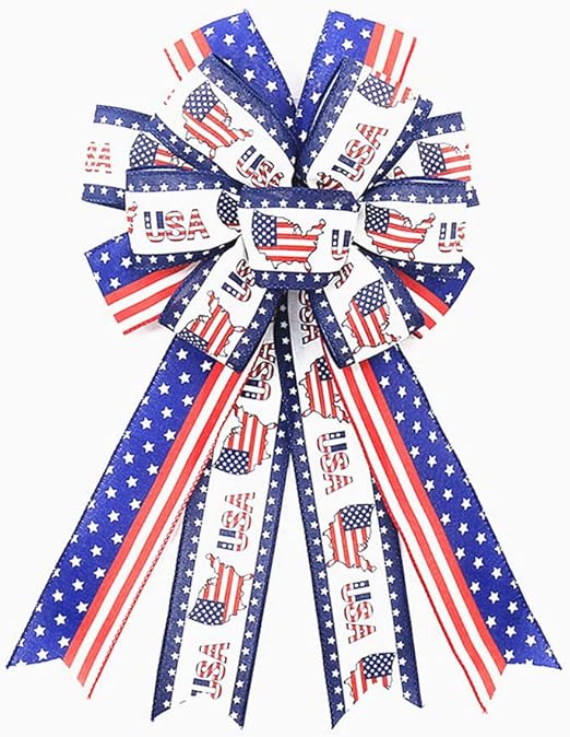 Large Patriotic Burlap Bows for Wreath, 4th of July Bows America Flag Memorial Day Wreath Bow Red Blue White Stars Stripes Bow Patriotic Décor Bows for Independence Day Party Door Wall Decoration
