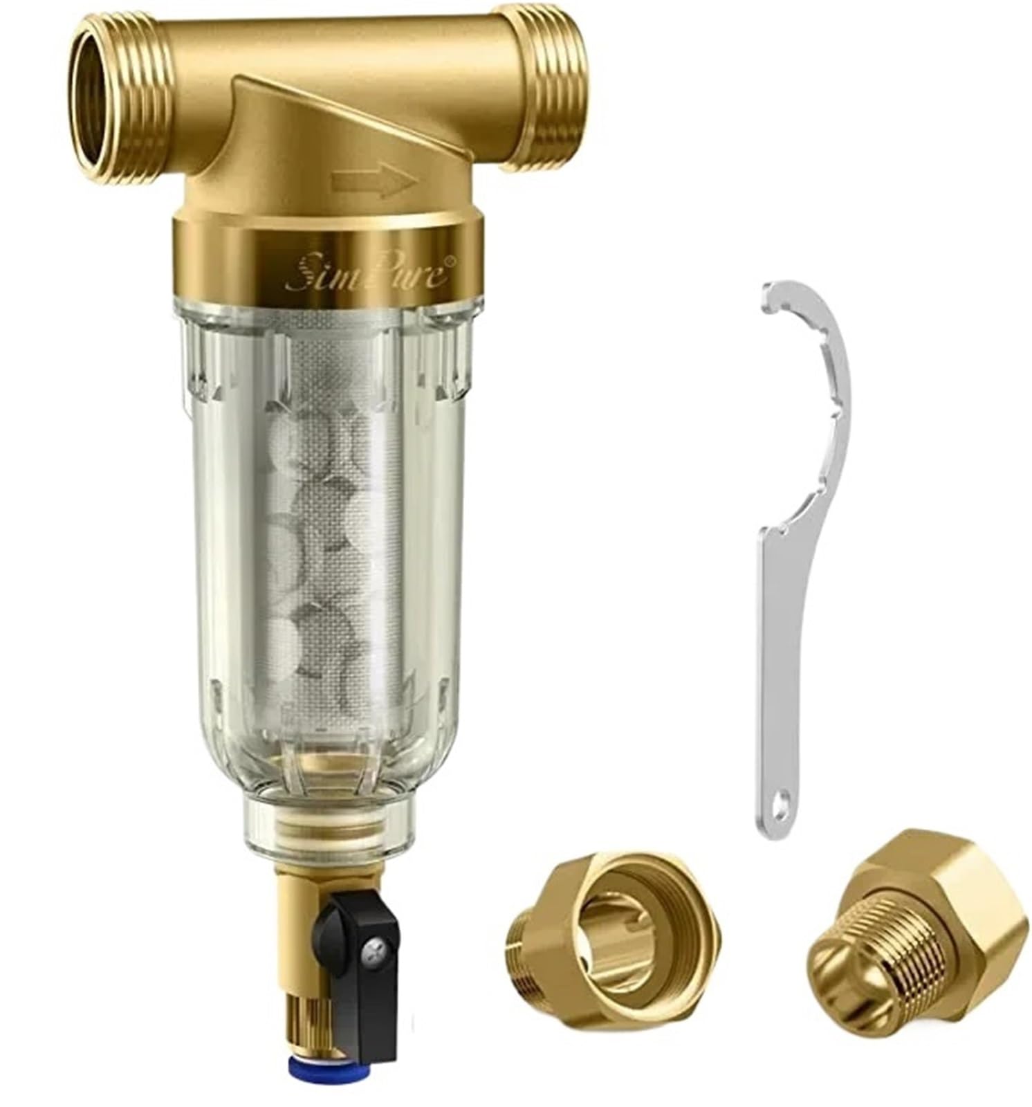 Edelstahl-Messing-Vorfilter für das ganze Haus, zentraler Wasserreiniger, 40 μm, 3T großer Durchfluss, Rohrrückspülung (DN25 bis 20)