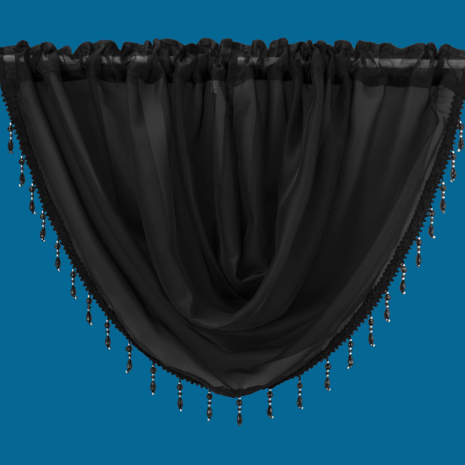 Netcurtainsuk Black Plain Beaded Voile Swags Net Curtains Voile Swag Valance Pelmet (Black)