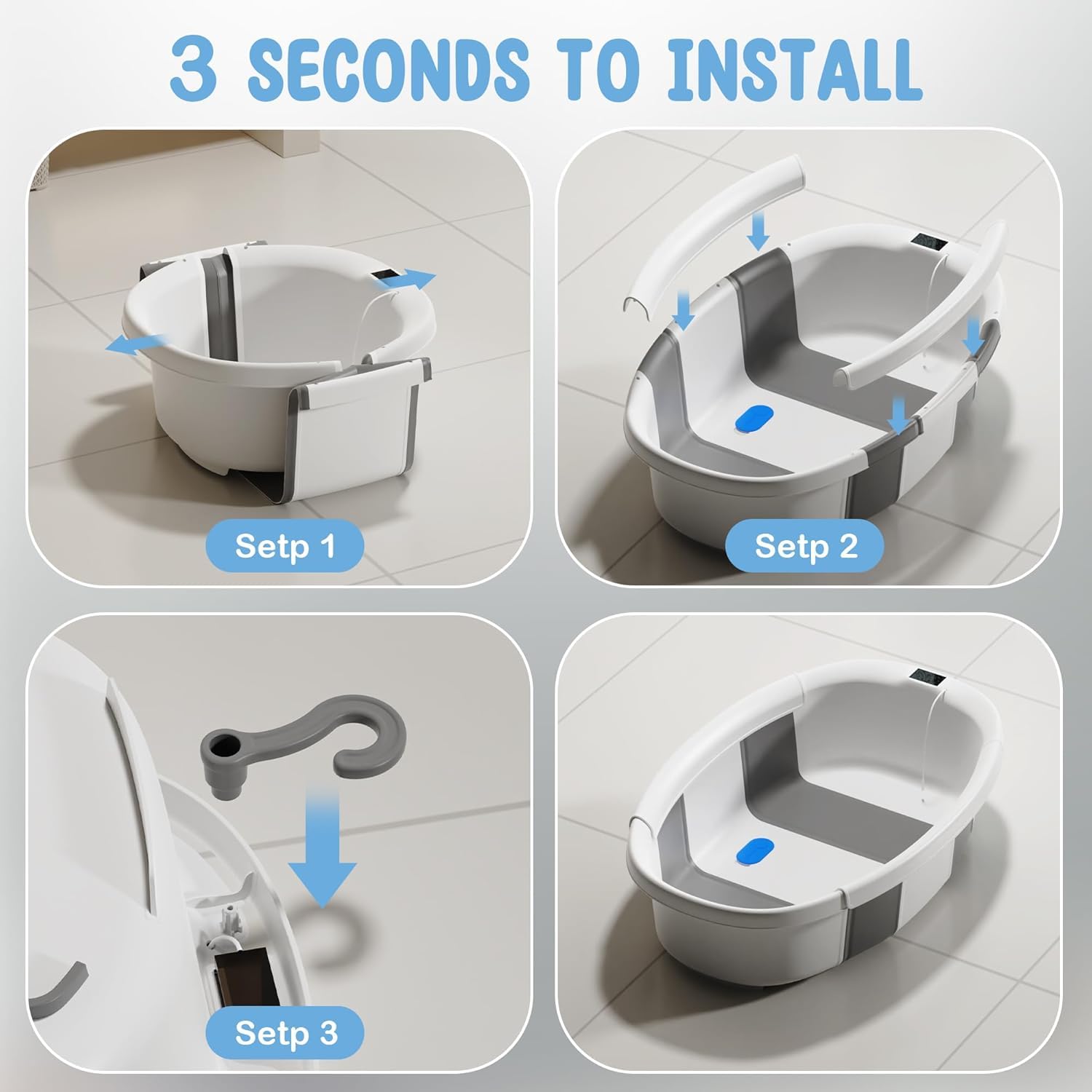 Bañera plegable para bebé con termómetro de detección de temperatura en tiempo real, juguete de baño gratis con almohadilla de cojín