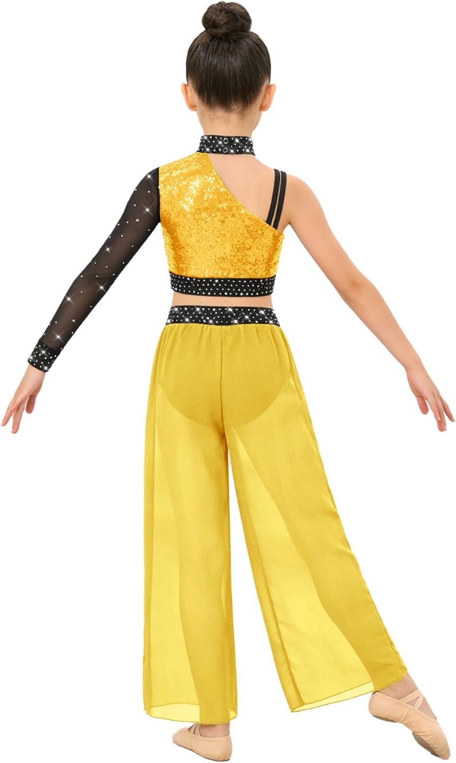 Shinsto Kids Girls Modern Lyrical Dance Outfits Shiny Rhinestones Mesh Crop Tops with Chiffon Pants Jazz Dancewear
