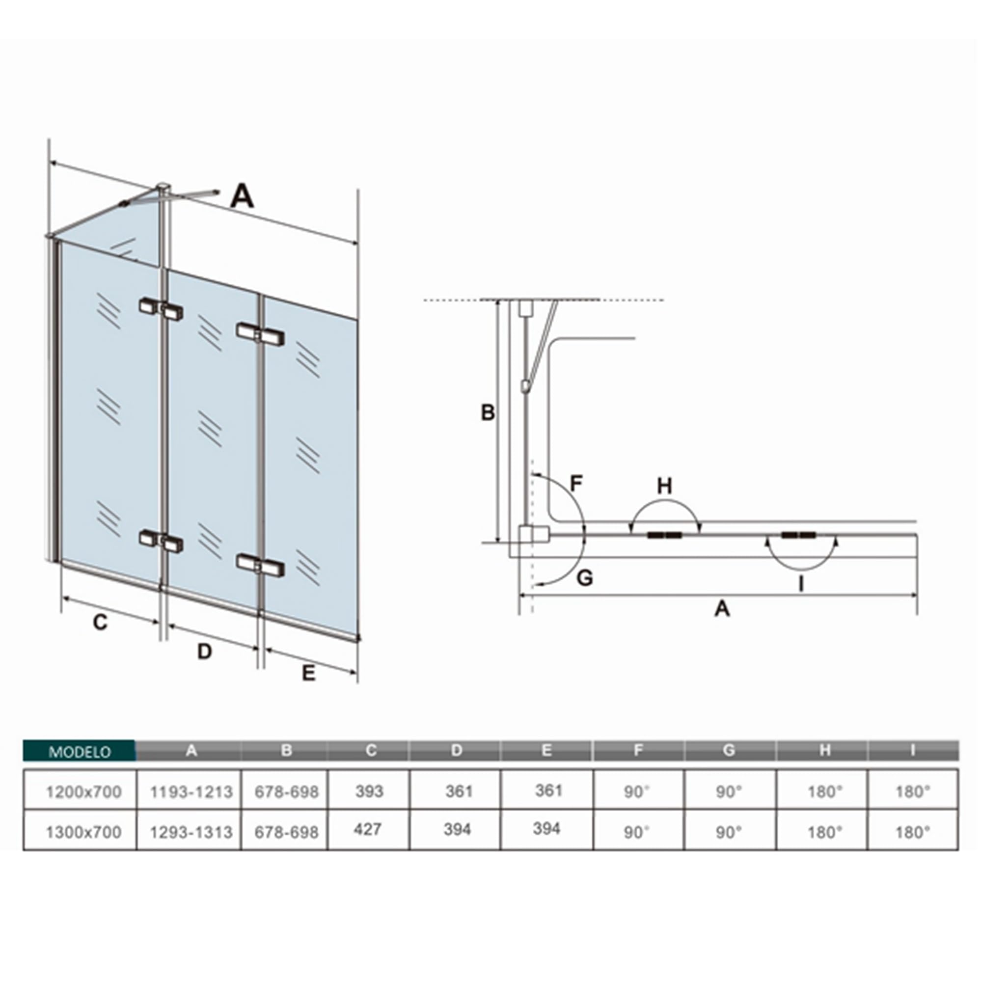 AICA Mampara de Bañera Abatible 3 Hojas con un Panel Fijo Cristal Antical 6mm 3 veces plegable Tamaño:(1193-1213) x(678-698) x1400mm
