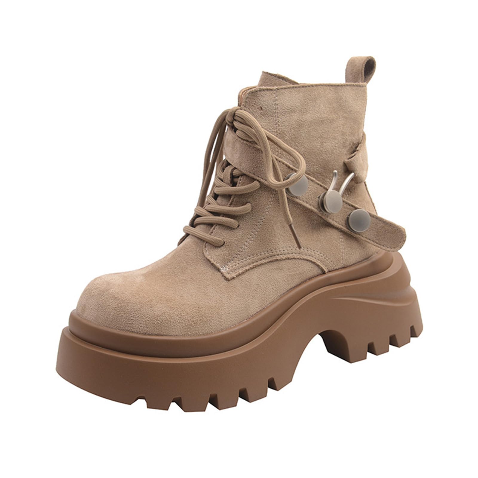 Women s Suede Retro Lace-up Chunky Platform High Top Combat Boots with Metal Buckle Comfort Big Round Toe