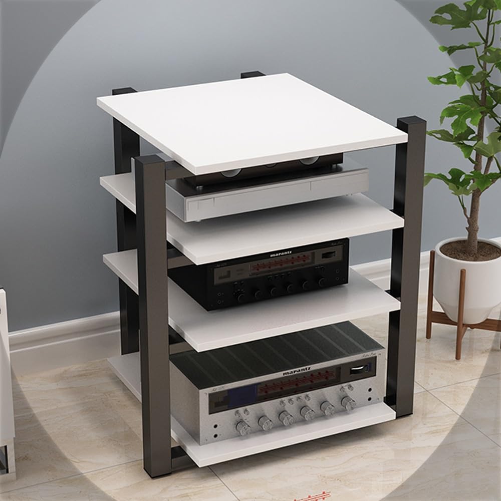 Stojak HiFi o - 4-poziomowy drewniany stojak na wzmacniacz AV Ma Sto półki na koncerty i odtwarzacze CD, półka narożna do pokoju nagraniowego (biały, 70 x 55 x 90 cm)