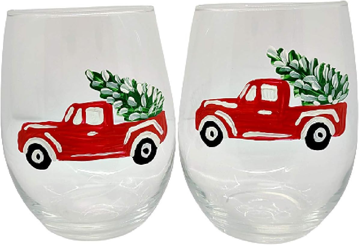 2 Red Pickup Truck and Christmas Tree Stemless Wine Glasses Set