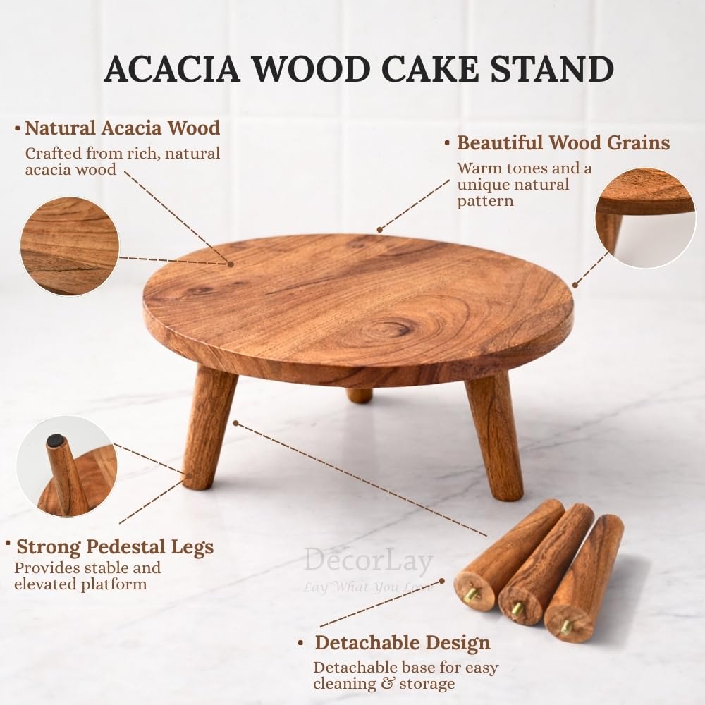 Decorlay Acacia Wood Round Footed Serving Board | Removable-Leg Pedestal Riser Cake Stand | Charcuterie, Cheese, Bread, Fruit & Vegetable Platter Tray 4