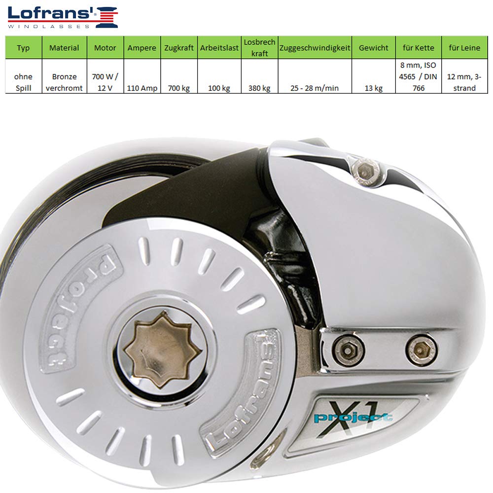Lofrans X1 Ankerwinde Bronze 700W 12V Ø Kette 8mm Seil 12mm