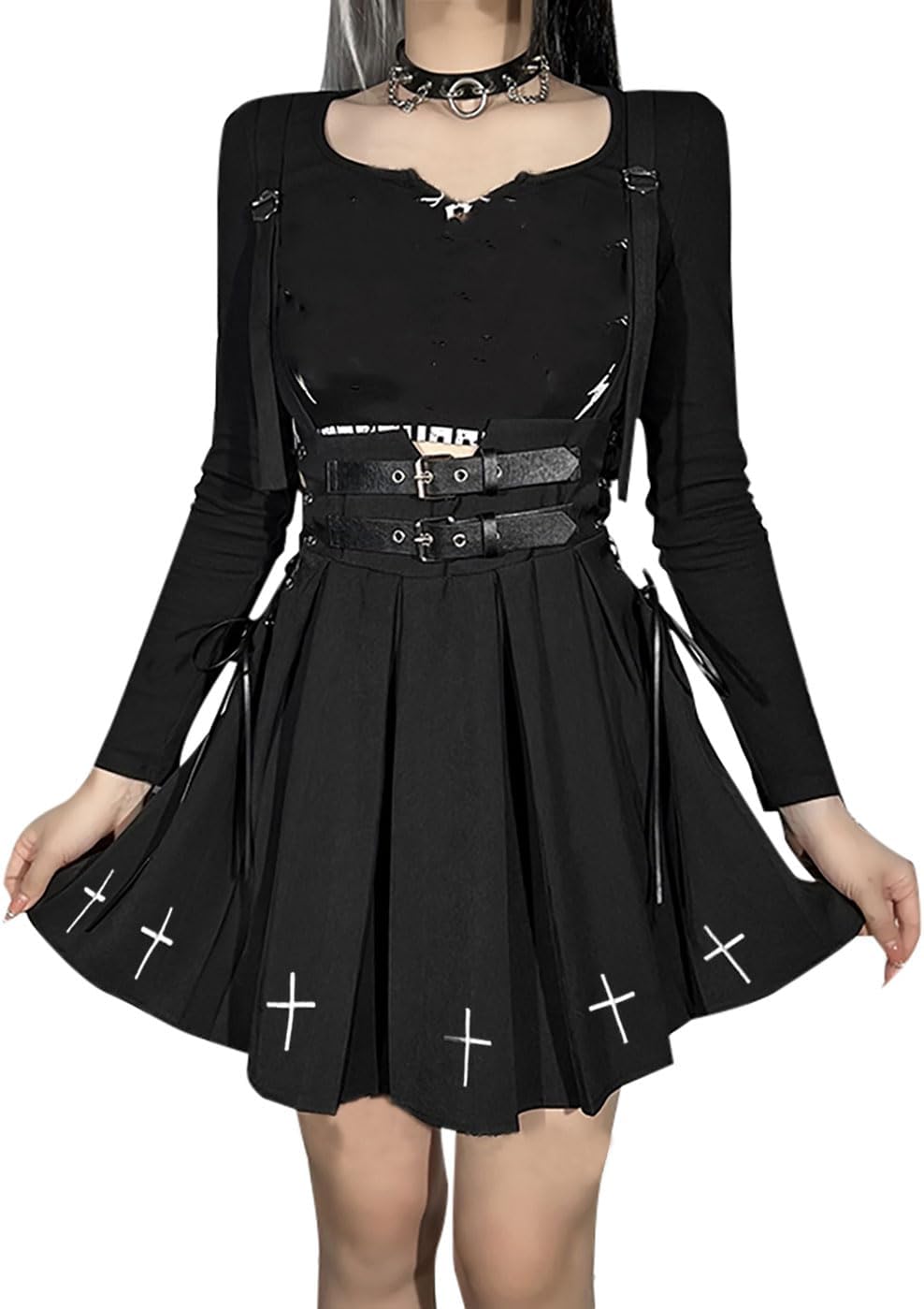 Womens Halter Pleated Skirts Tennis Skirts Skater Skirt Black Hight Waist Lace-Up Mini Skirt Gothic Clothes