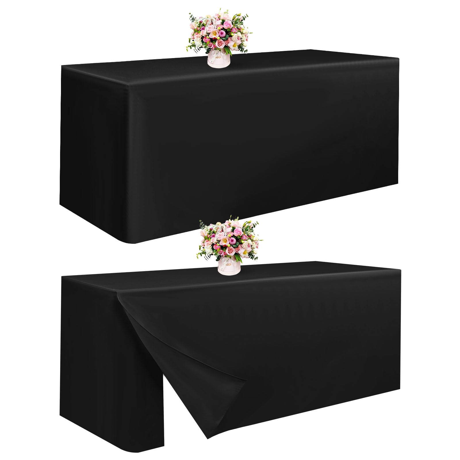 Black Fitted Table Covers for 6 Foot Tables, 2 Pack Folding Table Covers 6ft Fitted Rectangle Tablecloth for Folding Table Vendor Table, Parties,
