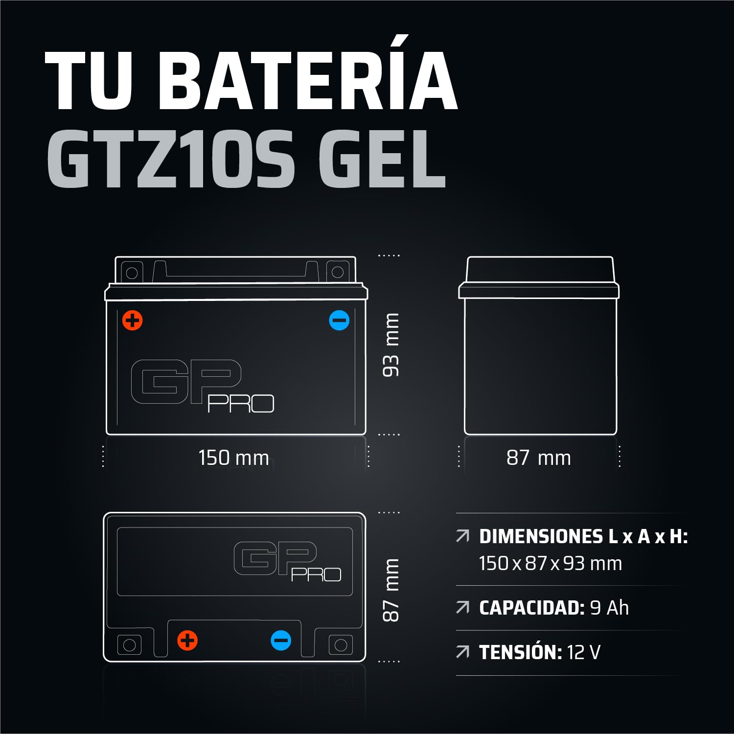 GP-PRO GTZ10S - Batería de arranque para motos, 12V, 9Ah, parecido a YTZ10S / YTZ10-BS, sin necesidad de mantenimiento