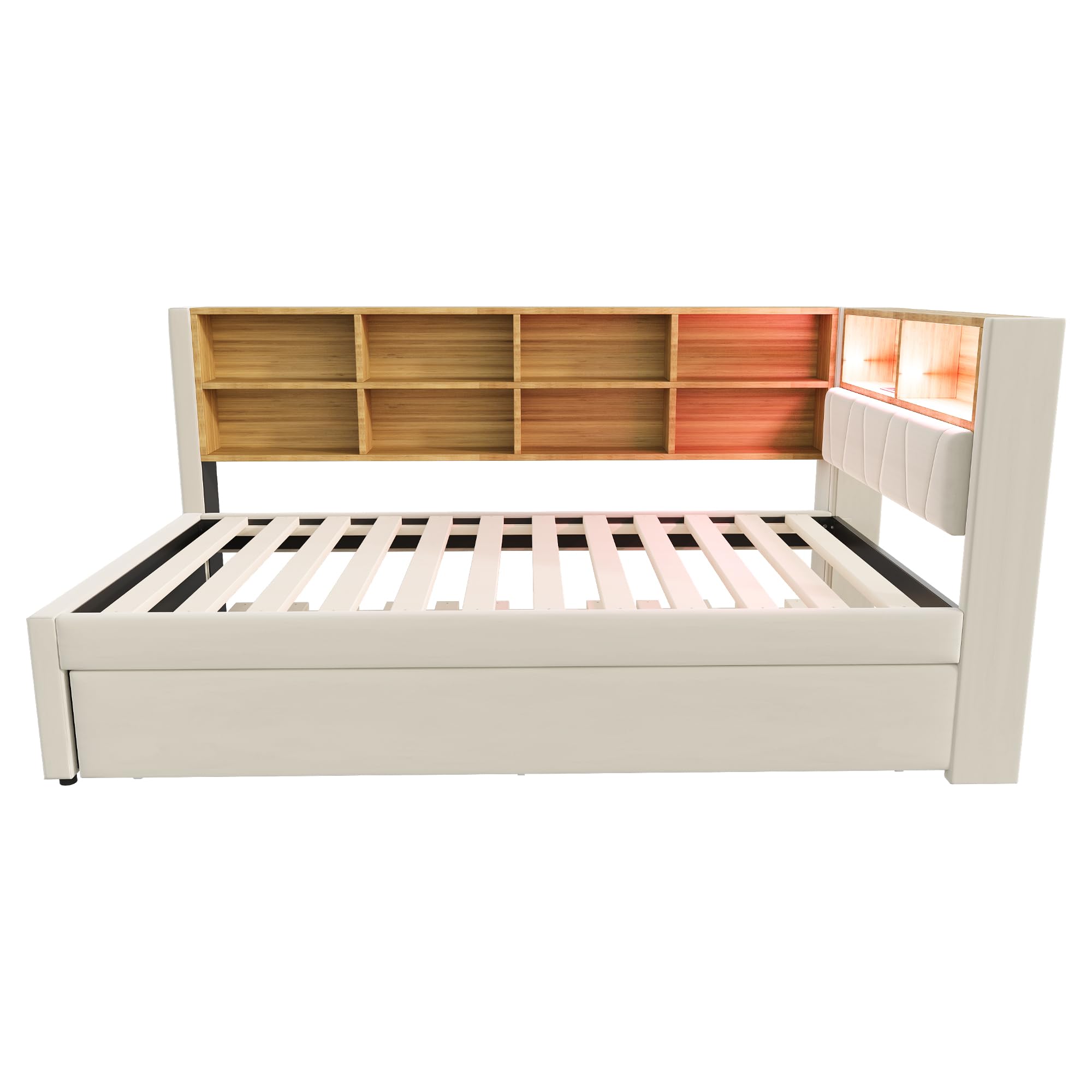 Moimhear Divano letto 90 x 200, letto estraibile 90 x 190 cm, con presa USB e molti scomparti, letto imbottito, divano letto multiuso, letto singolo (beige)