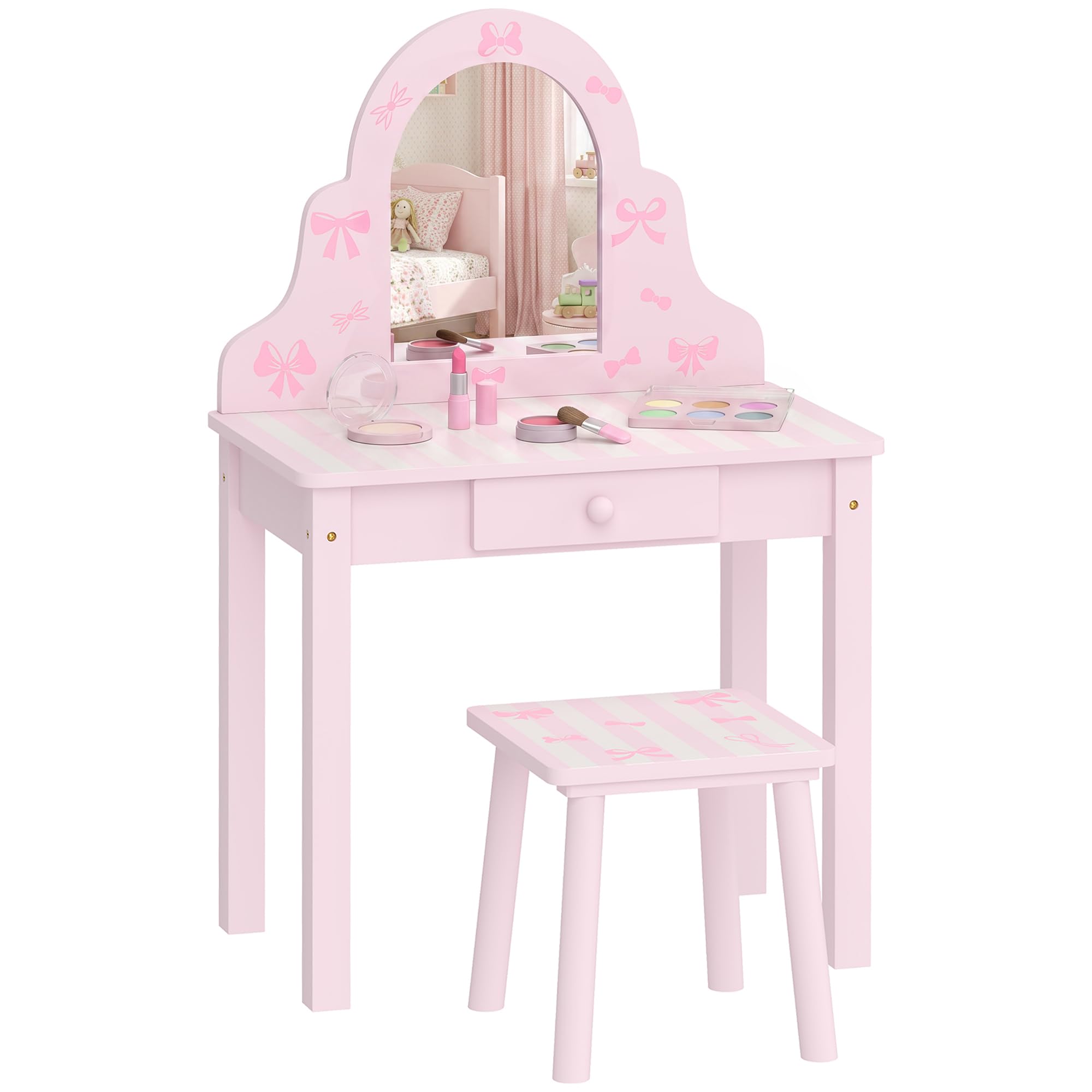 AIYAPLAY Kinder Schminktisch Set 2 in 1 mit Hocker für Mädchen 3-6 Rosa