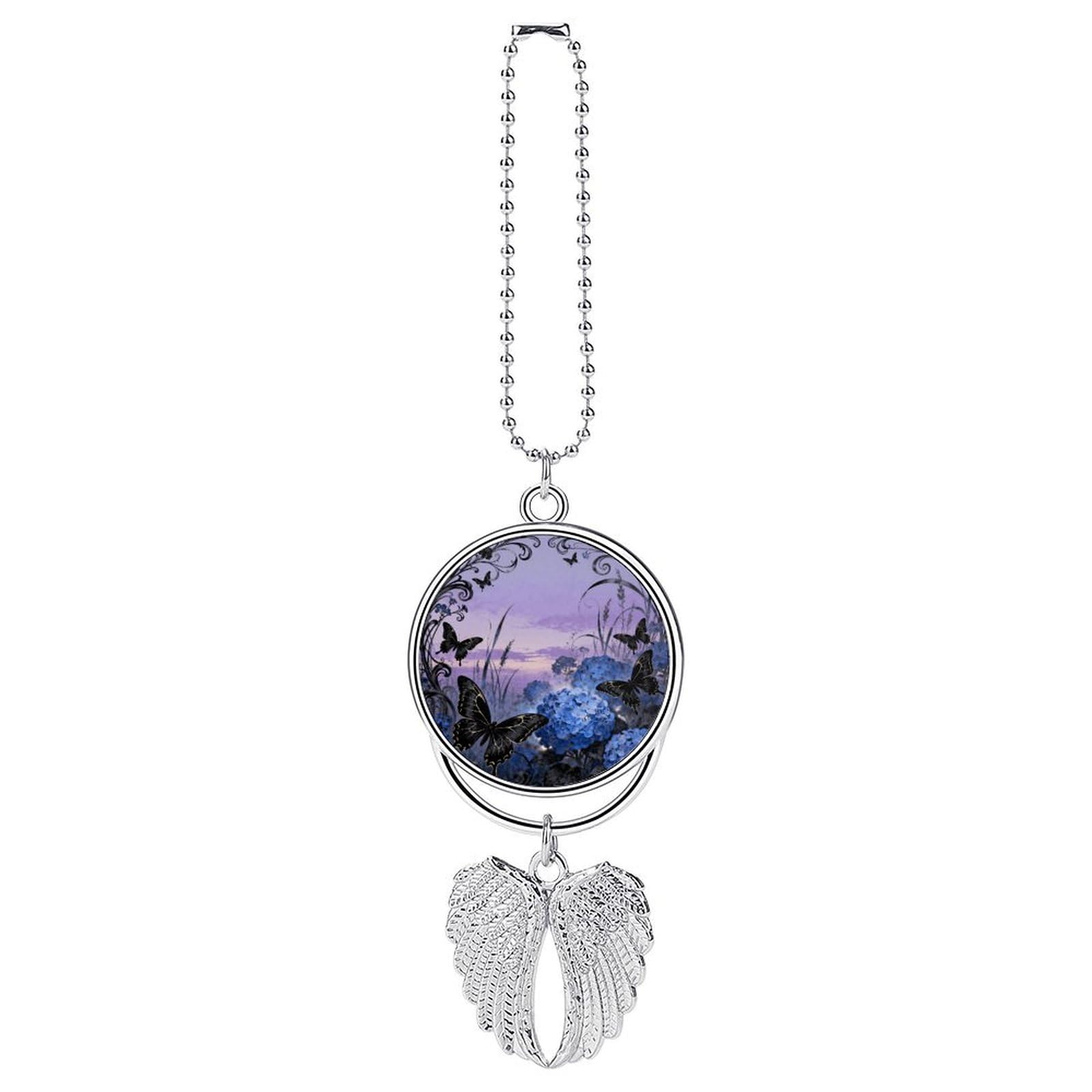 Swallowtail Hydrangea Car Charm, Alloy Rear View Mirror Pendant, Bling Funny Car Hanging Ornament Gift for Women Men, Car Pendant Lucky Auto Interior Decoration Accessories Silver-Style