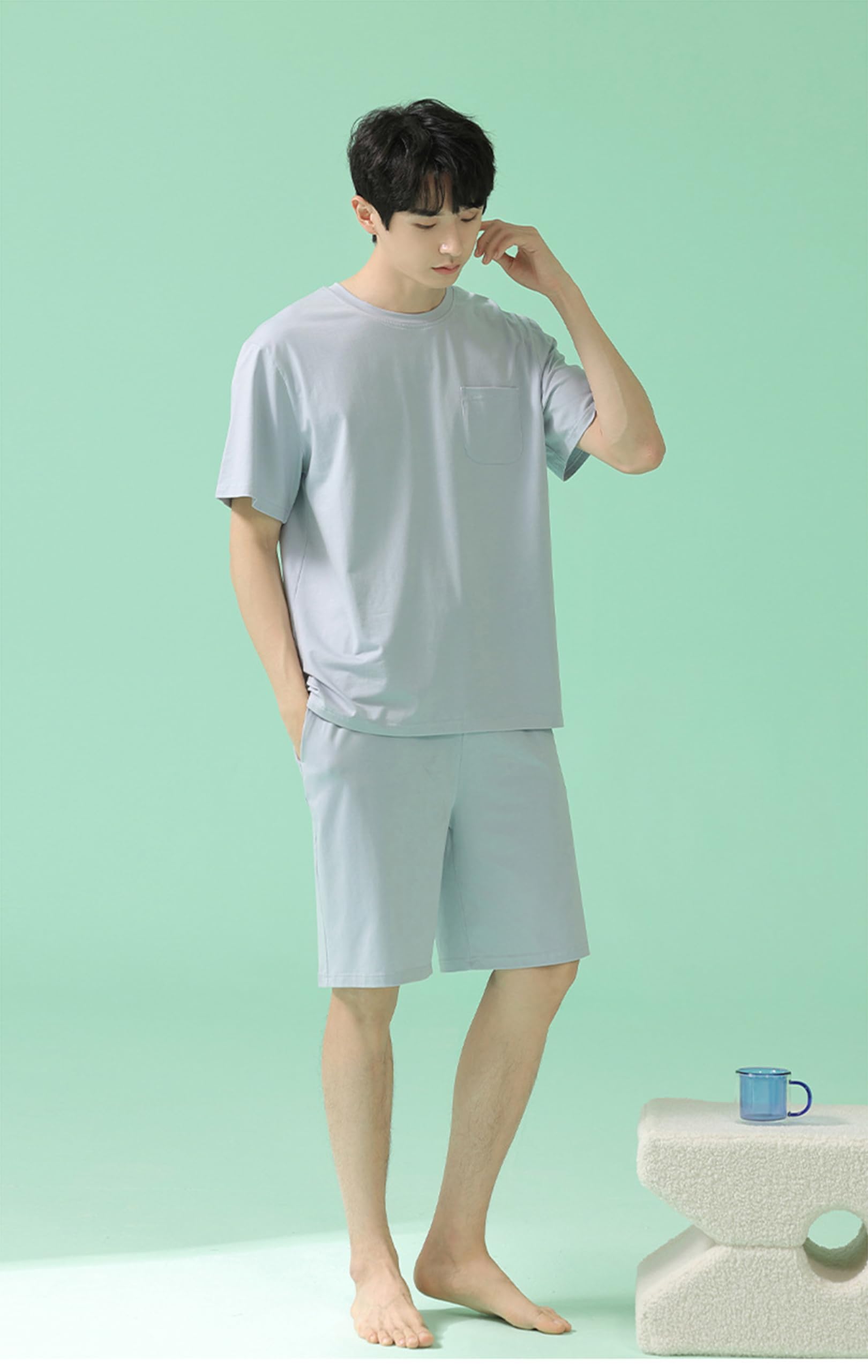 Herren-Pyjama-Set, 2-teilig, Sommer, kühles Gefühl, kurzärmelig, kurze Hose, einfarbig, dünner Abschnitt, Homewear Set