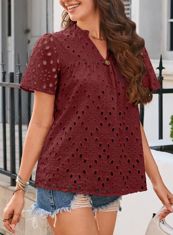 Womens Summer Tops V-Neck Short Sleeve Shirts Dressy Casual Babydoll Blouses Embroidered Eyelet Flowy Boho Clothing - Image 4