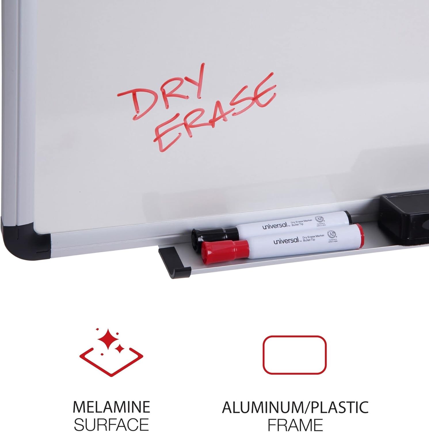 Universal 43723 Dry Erase Board, Melamine, 36 x 24, White, Black/Gray Aluminum/Plastic Frame