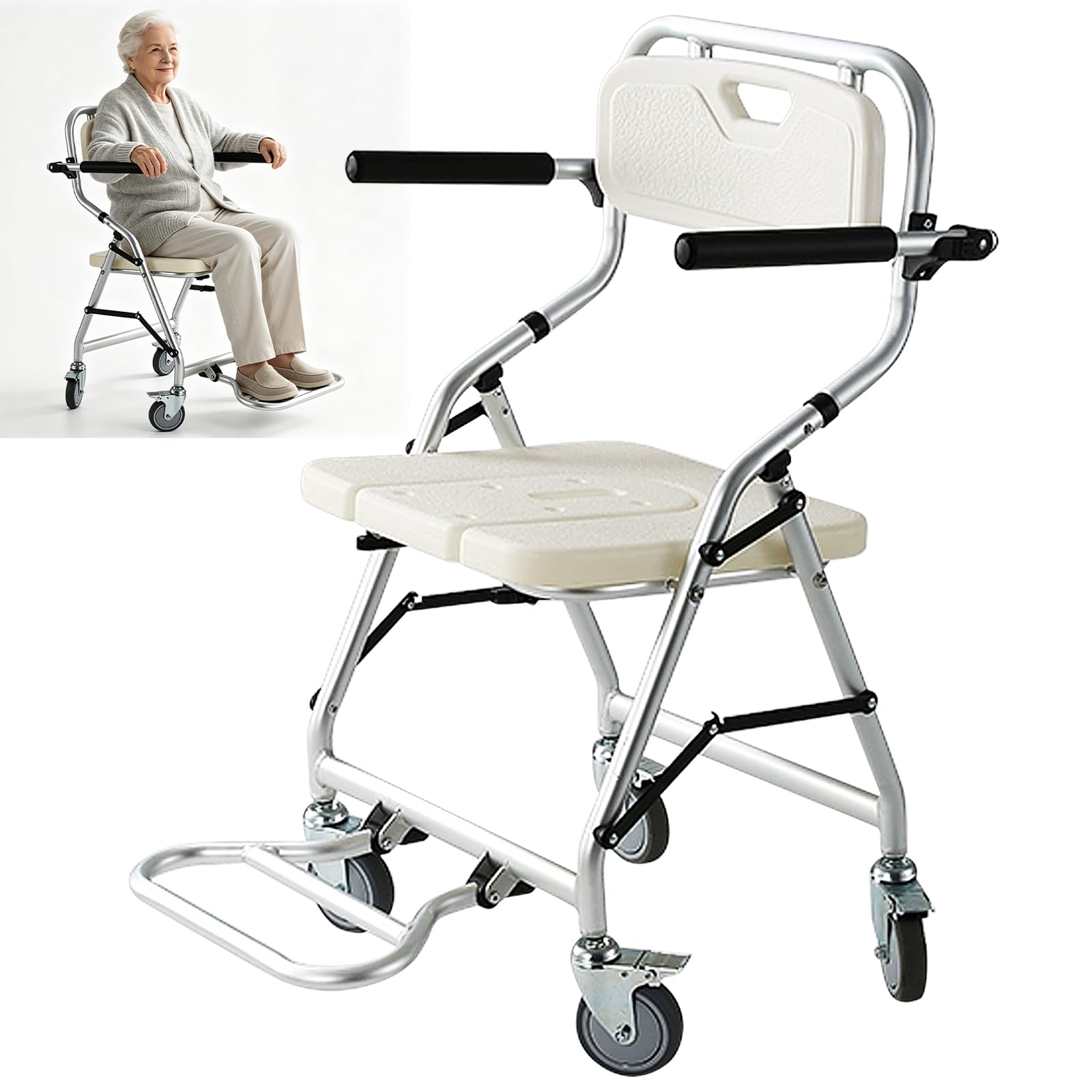 Silla Ducha con Ruedas Plegable, Silla Baño Ancianos Ducha | Silla de Ruedas WC para Personas con Movilidad Limitada, Aleación de Aluminio, Fuerte y Resistente, Fácil de Limpiar