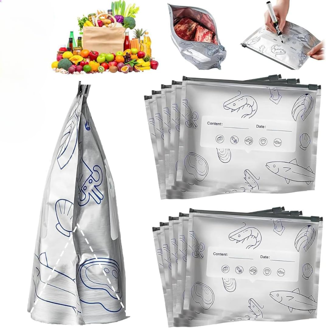 10 PCS Reusable Aluminum Food Storage Bag, Stand Up Foil Sealable Bags with Zip Lock,Food Storage Preservation Bags, Leakproof Aluminium Foil Fresh keeping Bag for Vegetable Fruit Meat (10 pcs)