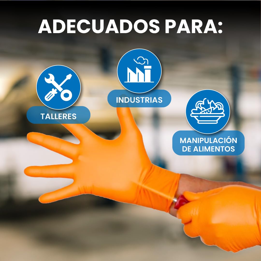 Guantes de Nitrilo Desechables Naranja | Guantes Extra Gruesos con Textura Diamante | Guantes para Taller y Montaje de Alta Resistencia Desechables | Tamaño S, L, M y XL (50, XL)