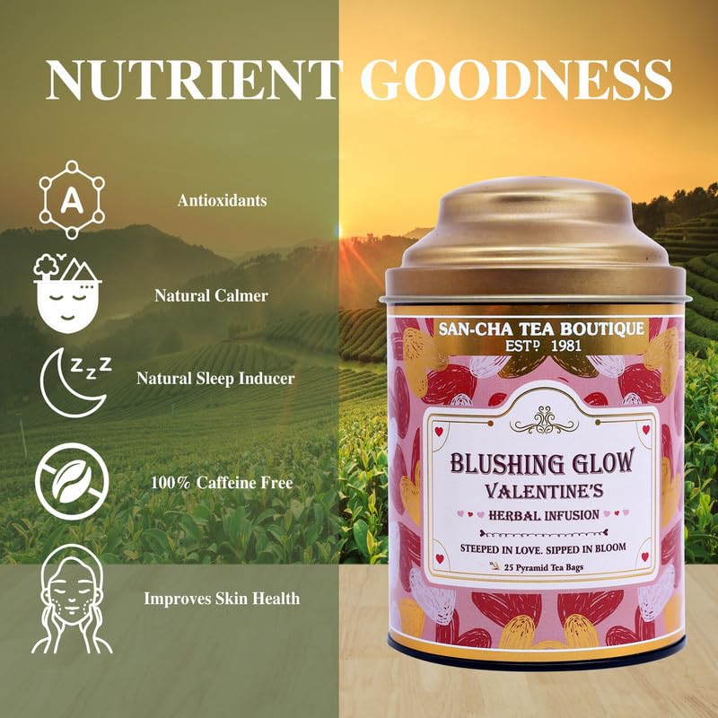 Image of Sancha Tea Boutique | Blushing Glow - Valentine's Herbal Tea | Rose, Hibiscus & Eucalyptus | 100% Caffeine-Free Floral Tisane | 25 Pyramid Bags