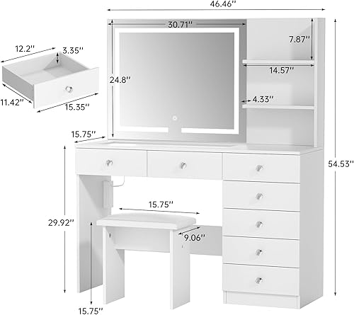 Miniatura 2 de VOWNER Tocador con espejo iluminado: escritorio de maquillaje con parte superior de vidrio y 7 cajones, 3 estantes de almacenamiento y