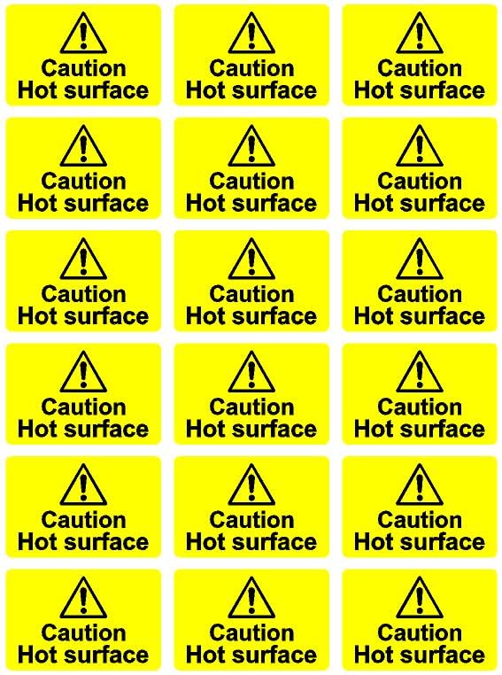 Caution hot surface safety sign - Self adhesive stickers Pack of 18 66mm x 44mm