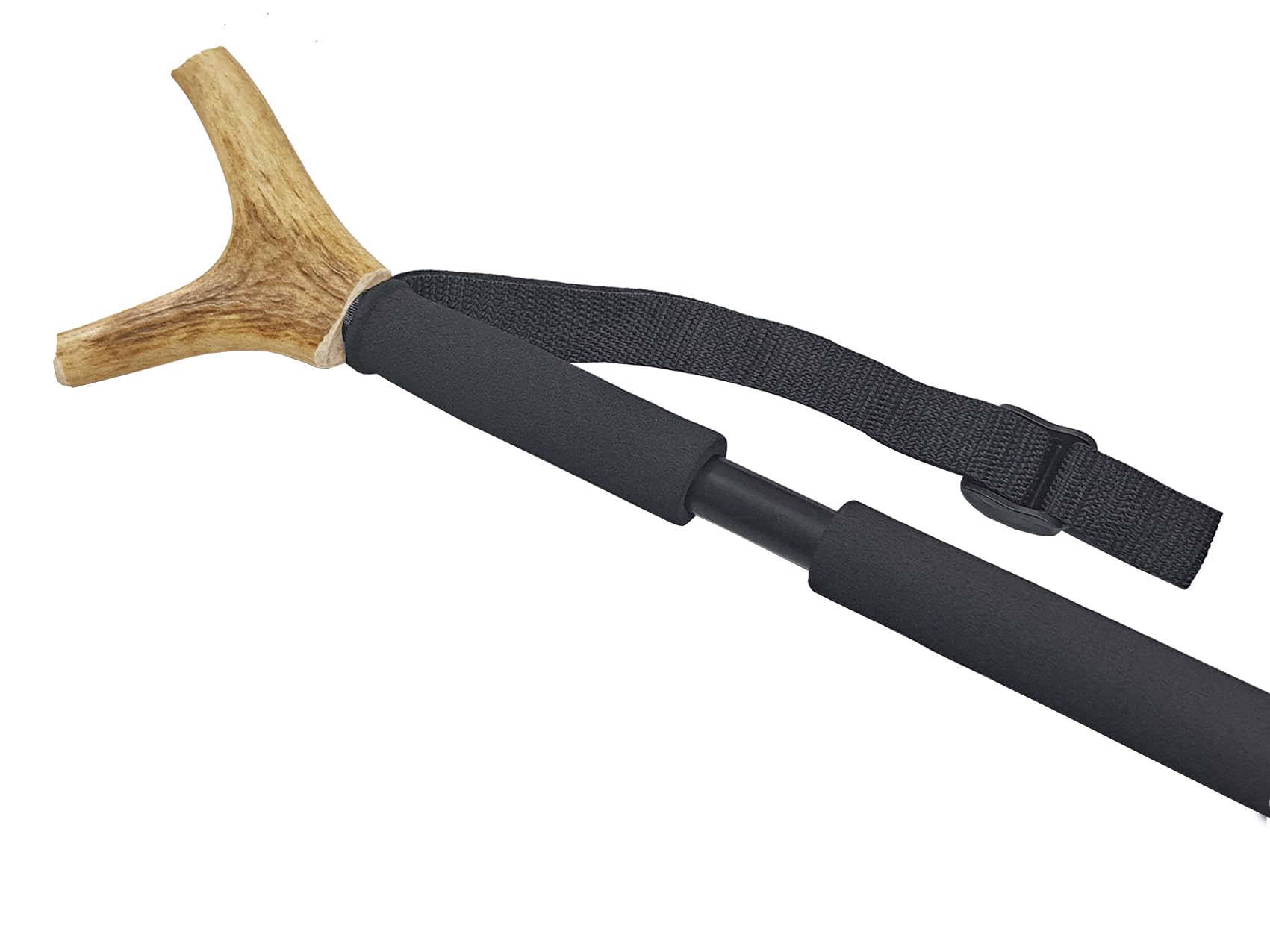 Tiendas LGP – JKR, Bastón de Caza Negro de 3 tramos, Extensible, Aluminio, con Horquilla de Asta de Ciervo, Medida máxima 190 cm. 2519C