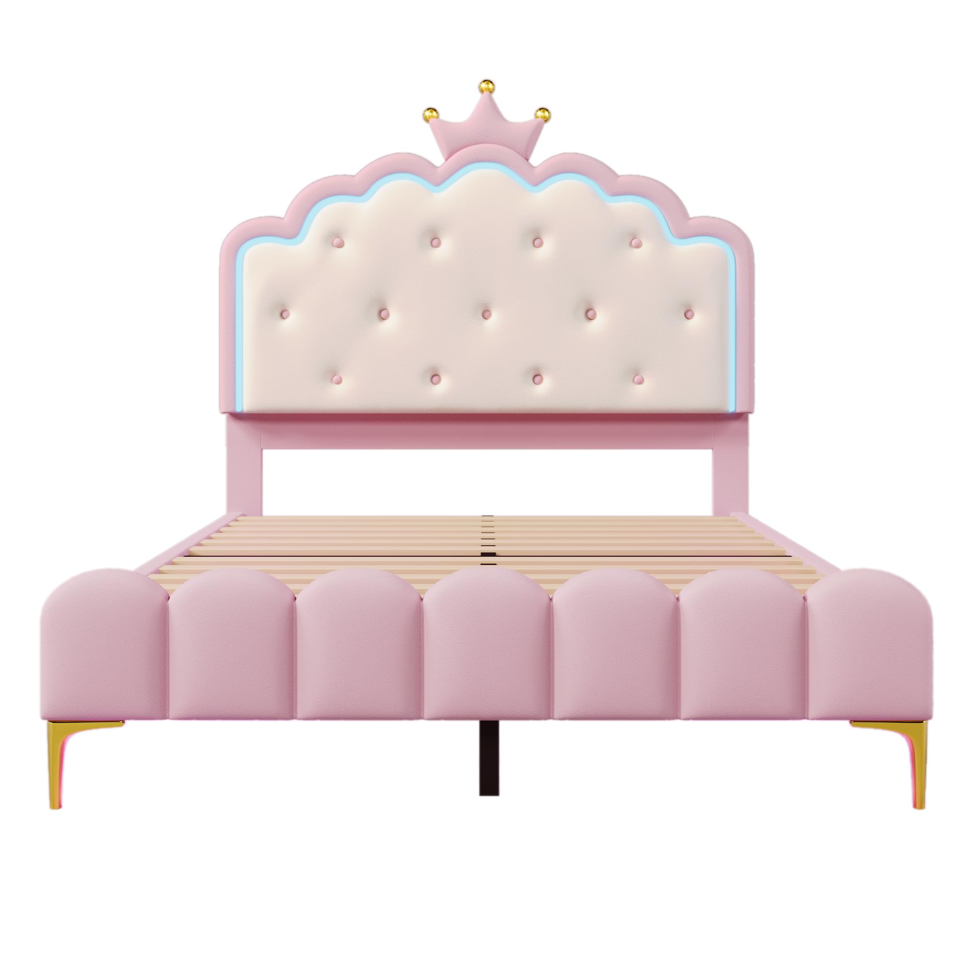 Lubvtti Letto per bambini 140x200cm con luce ambiente,letto singolo forma a corona di principessa,letto matrimoniale 140x200 con rete a doghe,PU,senza materasso,rosa