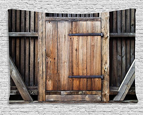 Ambesonne Antique Tapestry, Rustic Antique Wooden Door Exterior Facades Rural Barn Timber Weathered Display, Wide Wall Hanging for Bedroom Living Room Dorm, 80" X 60", Brown Orange