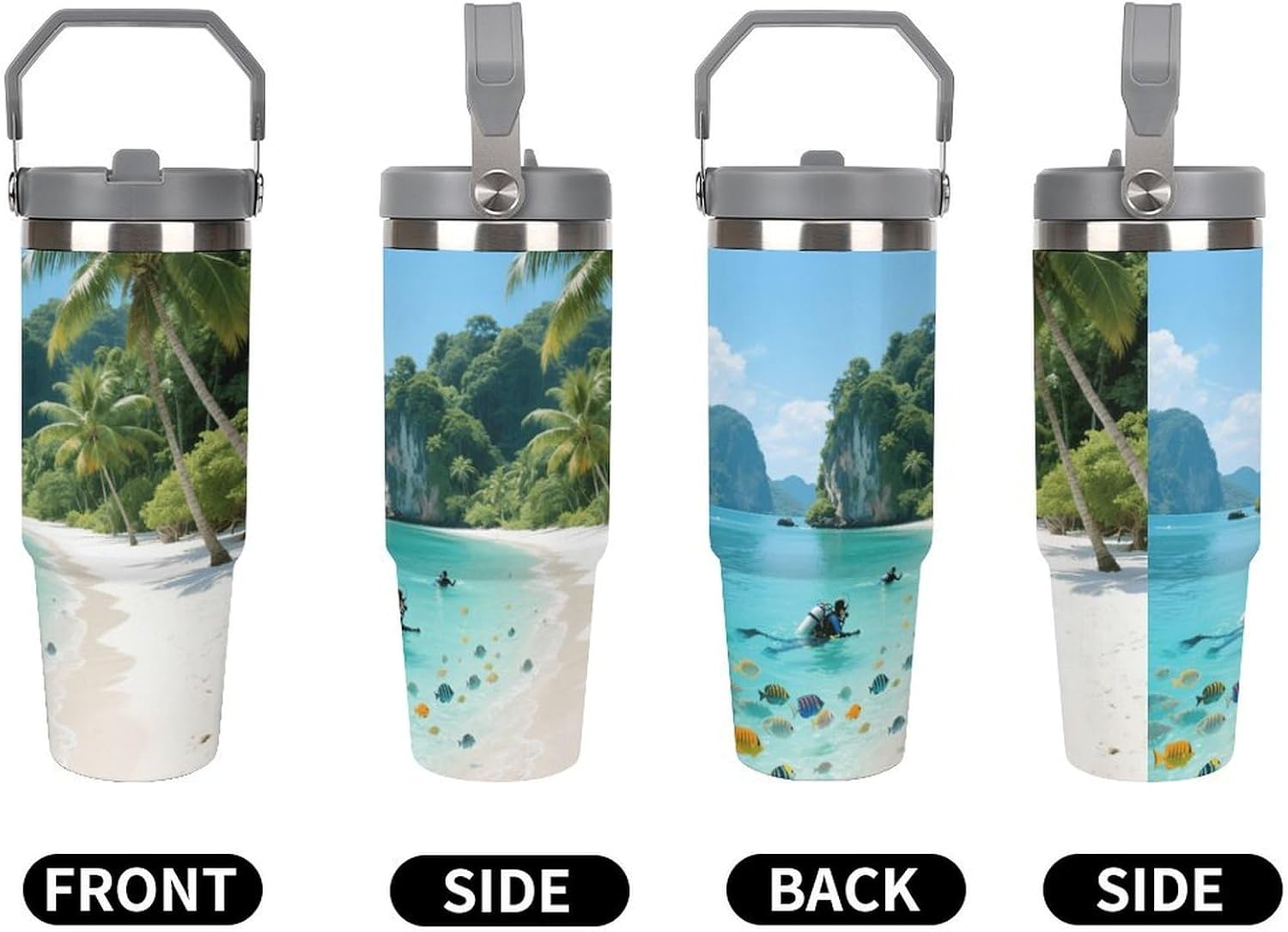 30 Oz Insulated Mug with Handle Lid And Straw Phi Phi Island Tropical Scenery Pattern Large Metal Sports Bottle Great for Gifts Parties Office Coffee