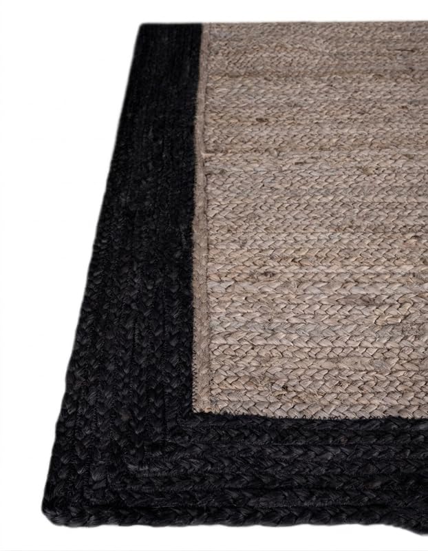 Tapis de sol en jute naturelle fait à la main avec bordure grise et noire, 1,8 x 2,7 m