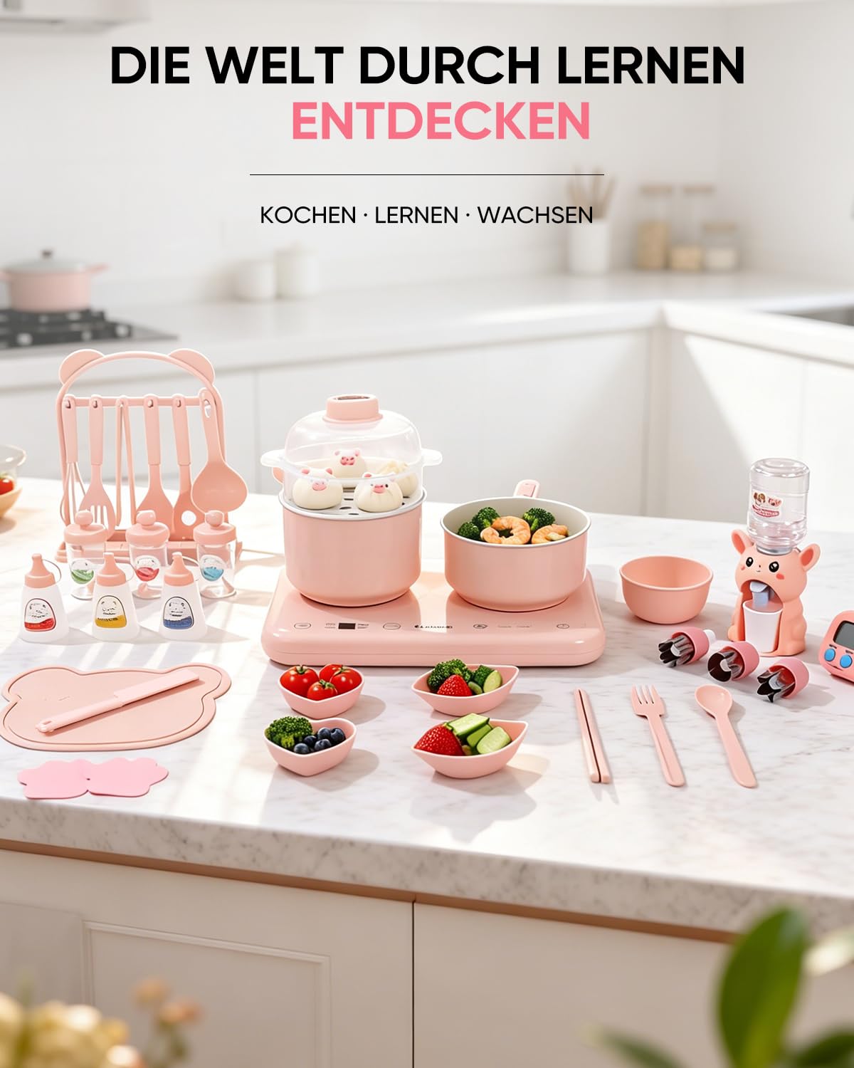 Elektrischer Hot Pot Doppelkochfeld Mini Multicooker – Elektro Kochtopf mit Dampfgarer & Suppentopf, für Hotpot und Suppen, kompakt, leicht zu reinigen (Rosa