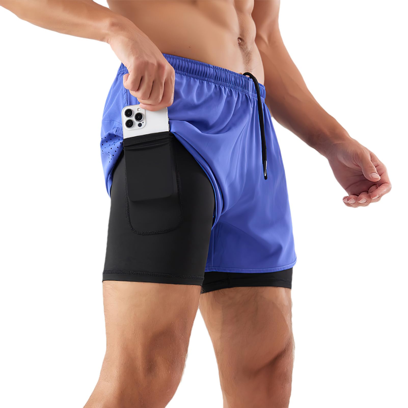 Uomo Pantaloncini da Corsa 2 in 1 Asciugatura Rapida Pantaloncini Sportivi da Palestra Running Tennis con Tasche Telefono