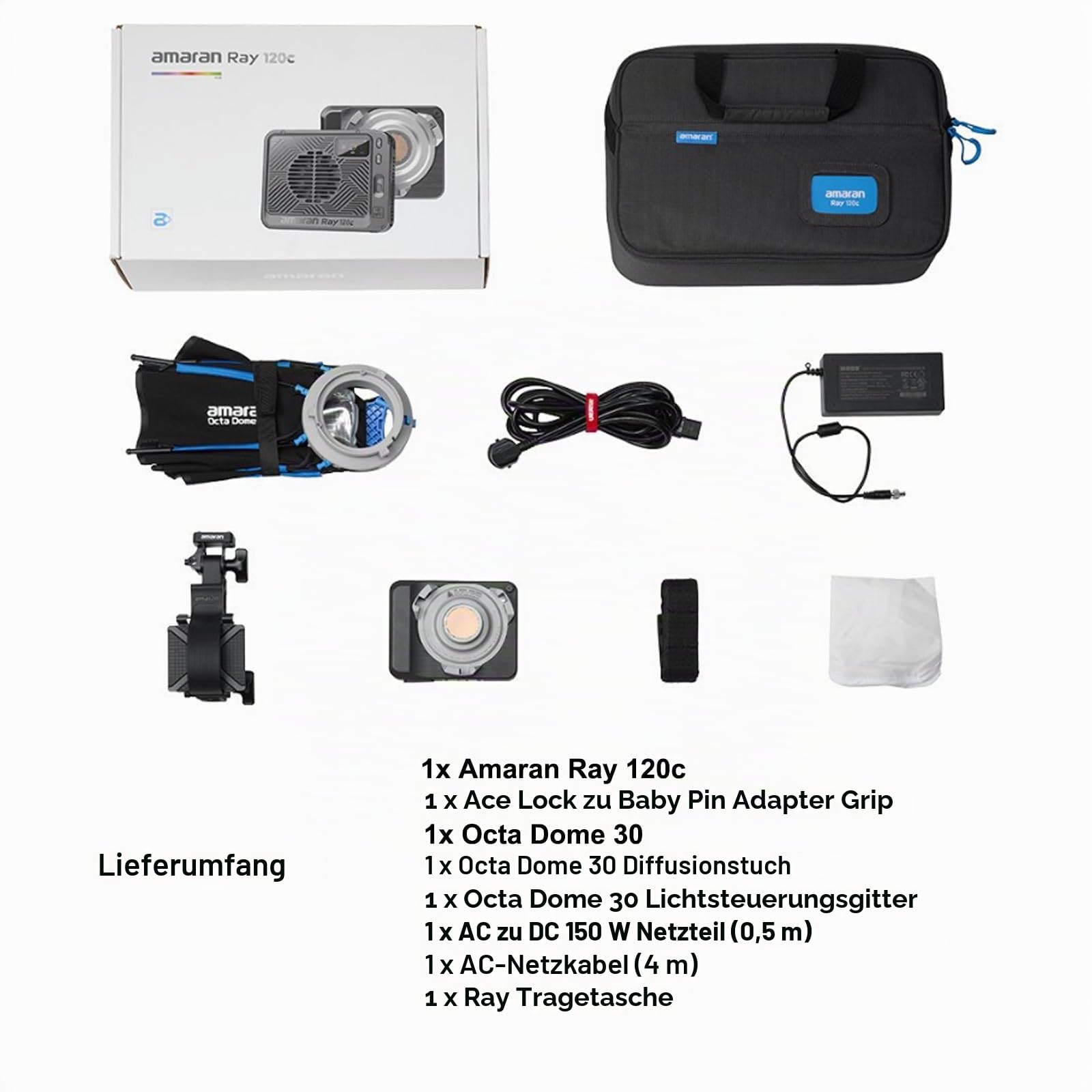 Amaran Ray 120c Vollfarb-RGB-Videoleuchte, 120 W kompakte Bowens-Mount COB-LED-Leuchte mit Octa Dome 30 Softbox, CCT 1.800 K–20.000 K, App-Steuerung für Fotografie und Live-Streaming