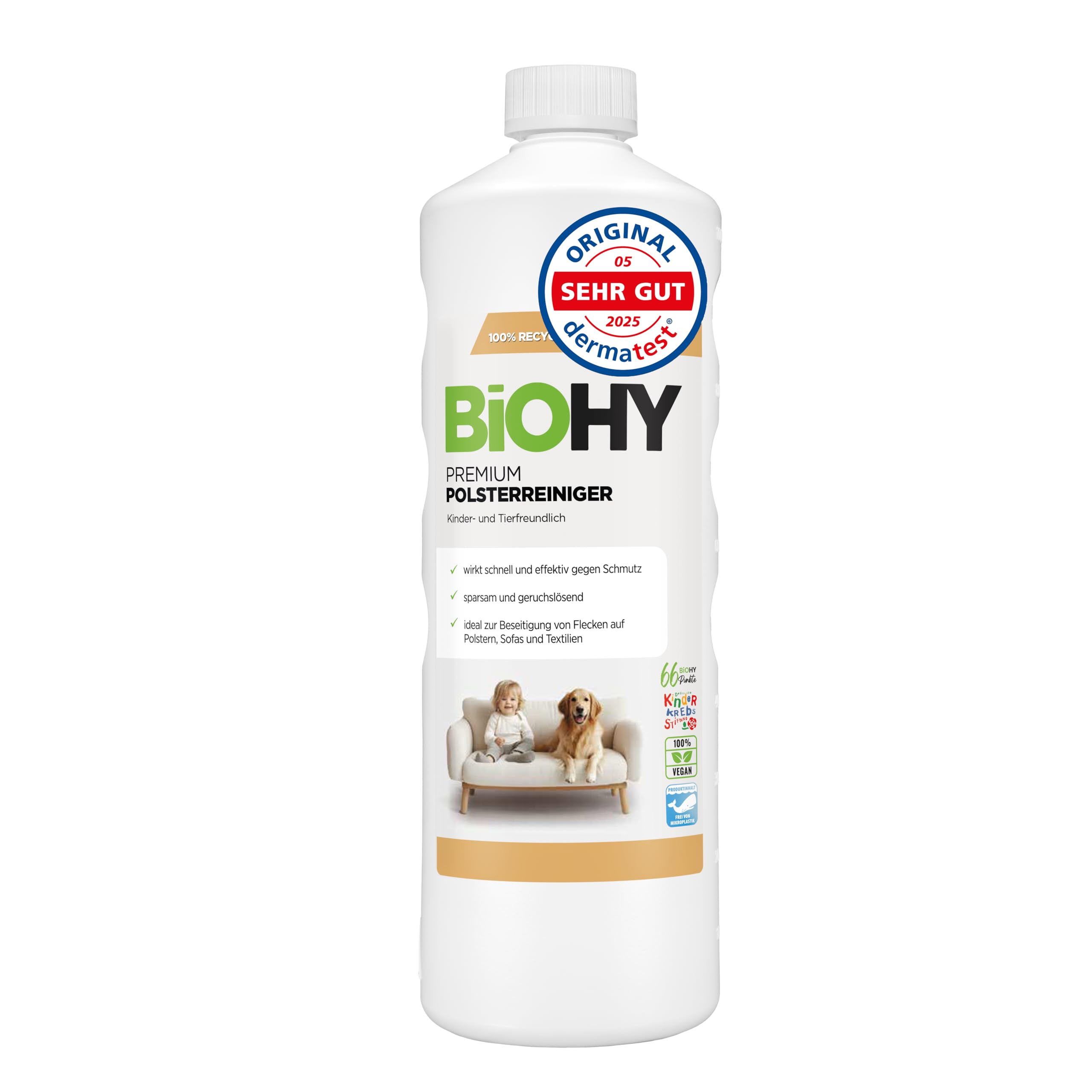 BiOHY Premium Polsterreiniger (1l Flasche) | Bio Konzentrat für Polstermöbel, Sofas, Teppiche & Textilien | für Nasssauger & andere Geräte geeignet | geruchslösender Fleckentferner