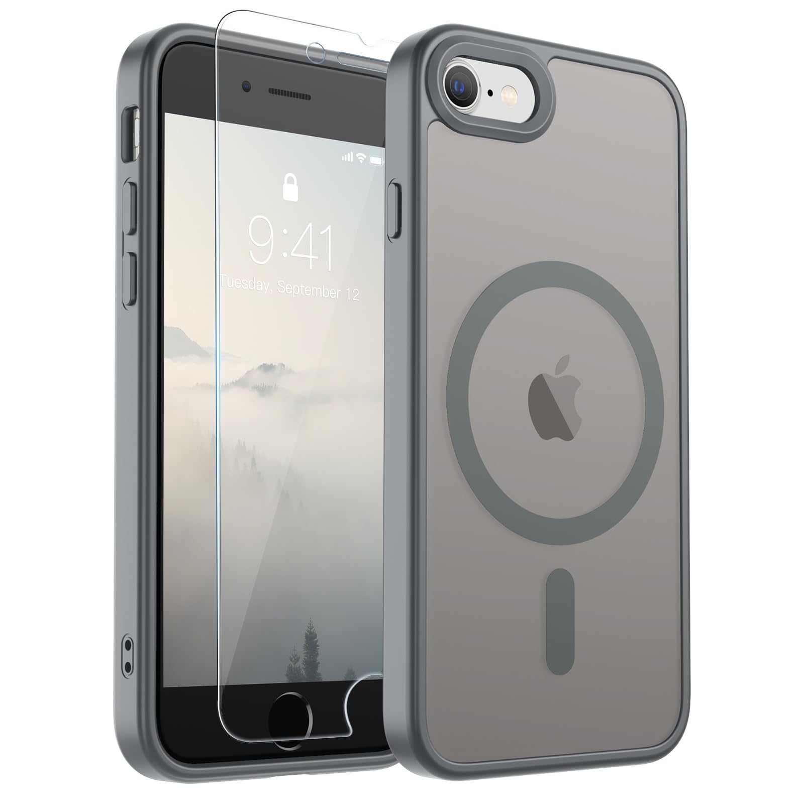 SUPFINE Magnetic for iPhone SE Case 2022 (3rd)/2020 (2nd), iPhone 8 Case | With Screen Protector, Translucent Matte, Compatible with MagSafe, Military Grade Drop Proof, Gray