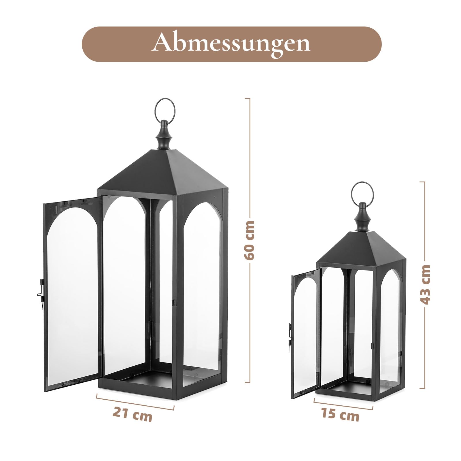 Lanterne per esterni, grande: 43/59 cm, set da 2 lanterne antivento per esterni, resistenti alle intemperie, come decorazione per balcone, giardino, nero, XXL, da giardino