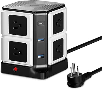 Power Strip Tower with PD20W USB C, BESTEK 8-Outlet and USB Charging Ports 2100 Joules Surge Protector, 5 Feet Extension Cord Flat Plug ETL Listed
