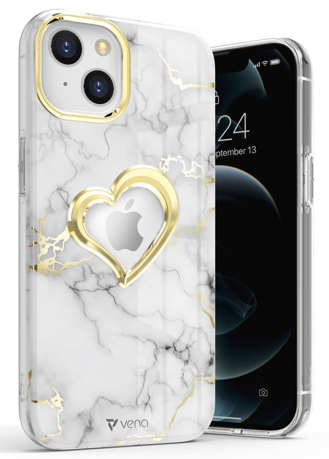 VENA vLove Marble Case Compatible with Apple iPhone 13/14 (6.1"-inch), Heart Shape Design (MagSafe Compatible) Dual Layer Slim Hybrid Clear Bumper