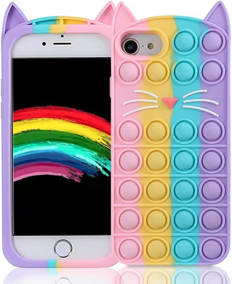 Pop It Phone Case for iPhone 6/6S/7/8/SE 2020, Cartoon Funny Cute Fun Silicone Design Cover for Girls Kids Boys Teen, Fidget Color Cat Cases (for iPhone 6/6S/7/8/SE 2020 4.7")